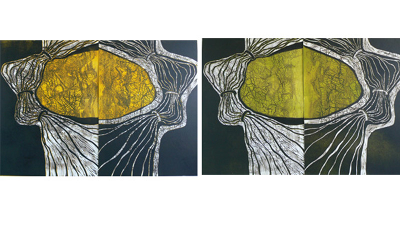 Kaksoset/ Twins, koho-, syväpaino/ relief print, intaglio, 2 osaa/ 2 parts, á 60x90cm, 2007
