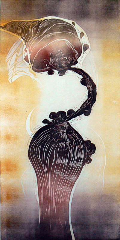 Kohtaamisia/ Encounters, kohopaino/ relief print, 123x60cm, 2009