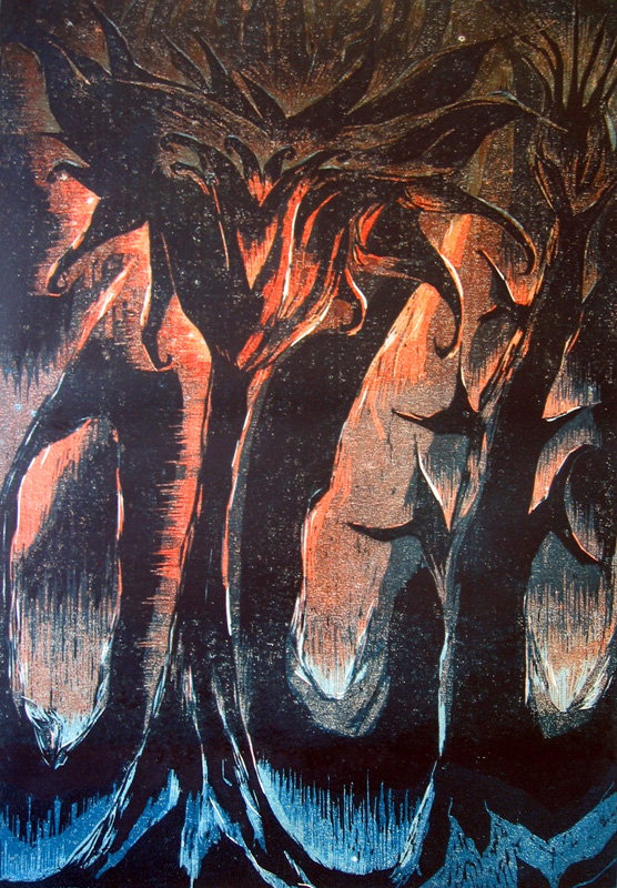 Tulilatva/ Flaming Katy, puupiirros/ woodcut, 84x58cm, 1997