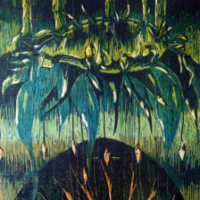 Uhka/ Threat, puupiirros/ woodcut, 78×58 cm, 1993