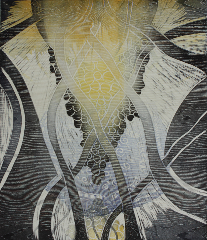 Hehkuva voima/Glowing Force, kohopaino/ relief print, 44x38cm, 2016