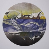 Maamerkkejä 2/Landmarks 2, 2025, kohopaino, kollaasi/relief print, collage, 46 x 46 cm