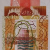 Päämäärätön matka/Aimless Journey, 2025, kohopaino, kollaasi/relief print, collage, 100 x 60 cm