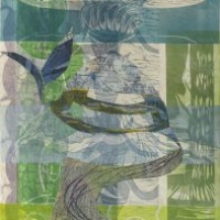 Taivaankannen karkulainen/Fugitive from the Sky, 2025, kohopaino, kollaasi/relief print, collage, 76 x 51 cm